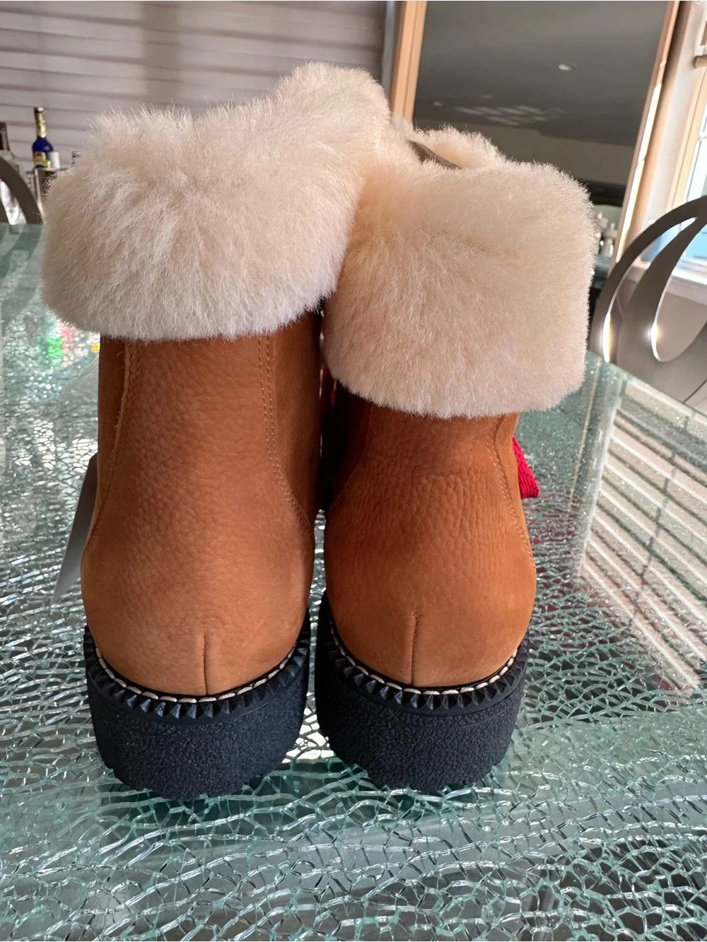 J Crew Tan Shearling-Lined Winter Boots with Red Laces 8M‎